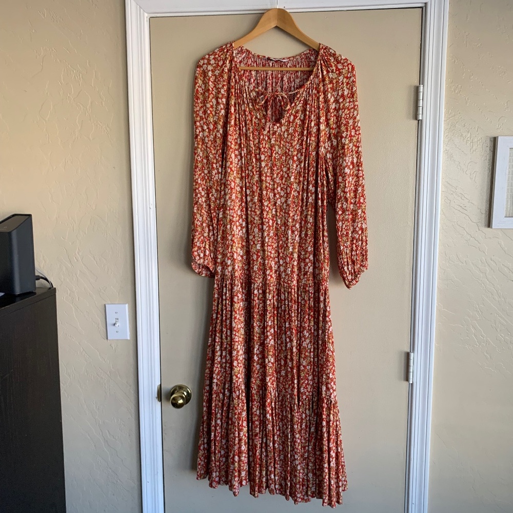 Sonoma Red Floral Tiered Maxi Dress Sz.PXL Peasant Cottagecore Boho